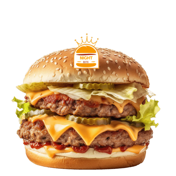 Double beef burger with two cooked beef patties, melted cheese, lettuce, tomato, and sauce in a toasted bun