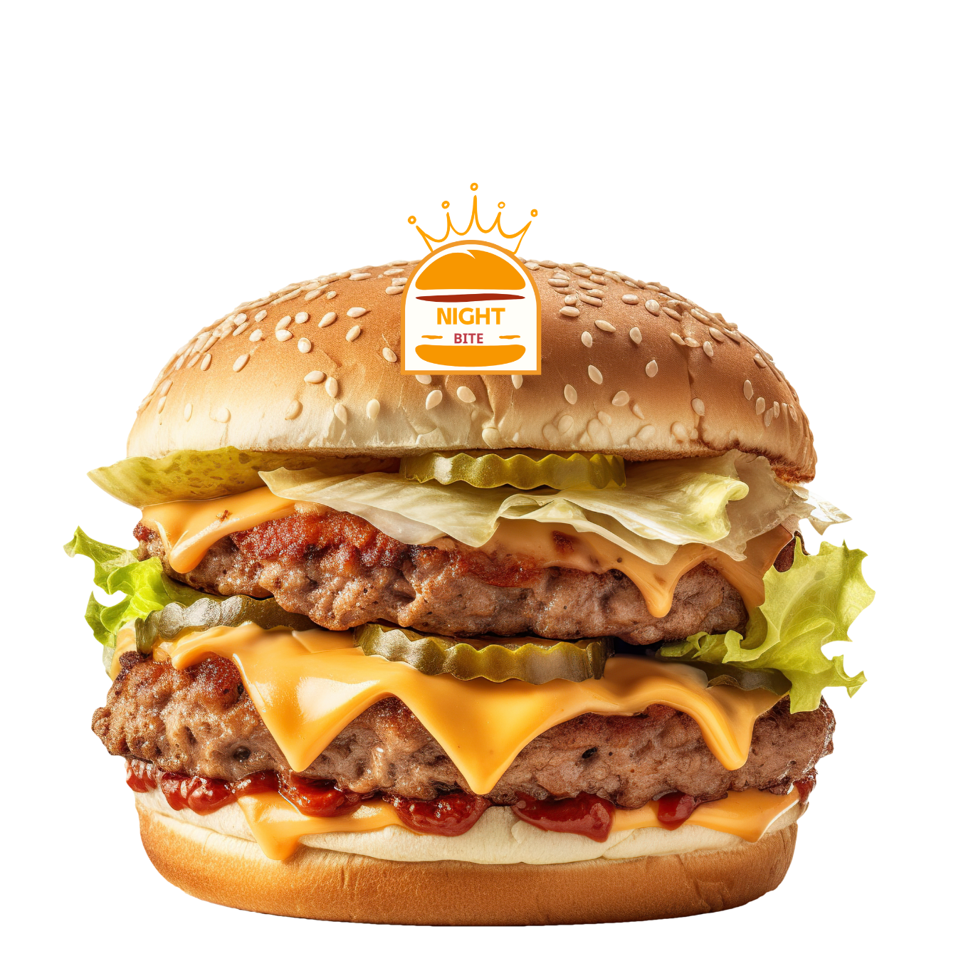 Double beef burger with two cooked beef patties, melted cheese, lettuce, tomato, and sauce in a toasted bun