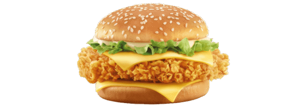 Crispy fried chicken burger with golden fries and a cold drink served on a tray